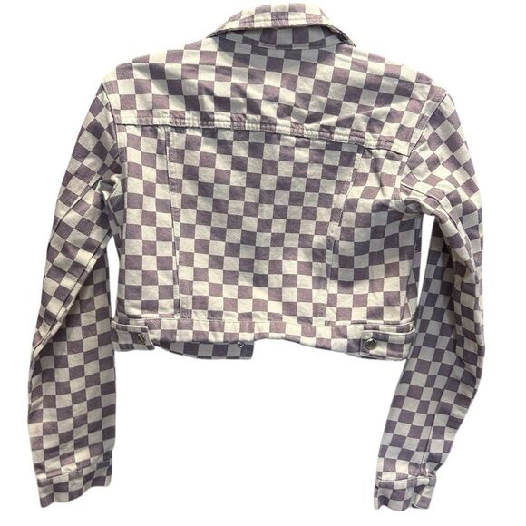 EUC Women’s Checkered Purple Cream Button Up Crop Denim Jacket- Size Small - Picture 2 of 8